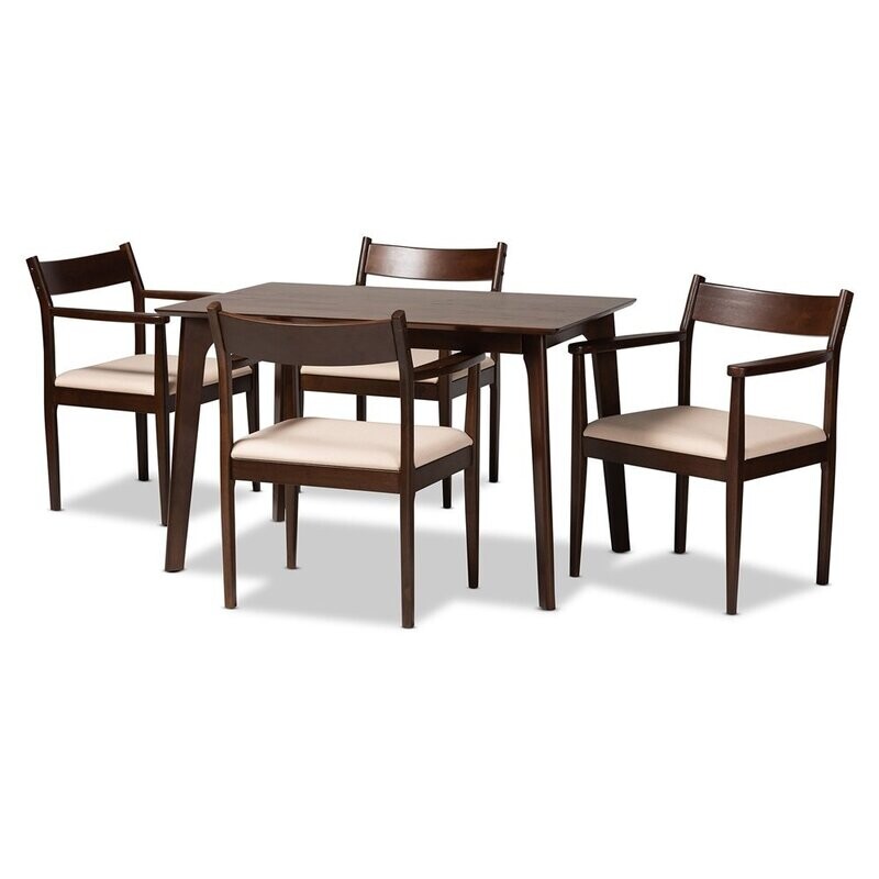 BAXTON STUDIO CORETTA MID-CENTURY MODERN CREAM FABRIC AND DARK BROWN FINISHED WOOD 5-PIECE DINING SET