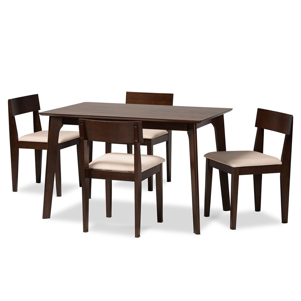 BAXTON STUDIO CAMILLA MID-CENTURY MODERN CREAM FABRIC AND DARK BROWN FINISHED WOOD 5-PIECE DINING SET