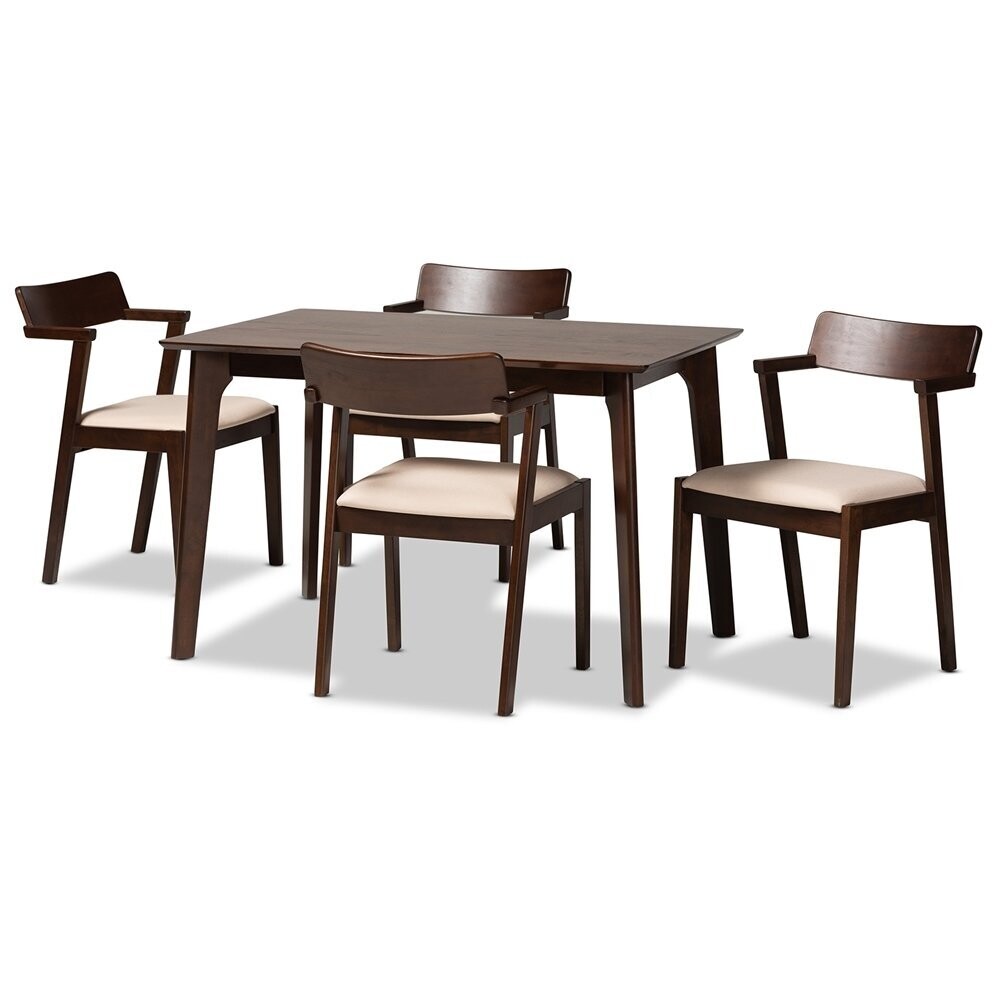 BAXTON STUDIO BERENICE MID-CENTURY MODERN TRANSITIONAL CREAM FABRIC AND DARK BROWN FINISHED WOOD 5-PIECE DINING SET
