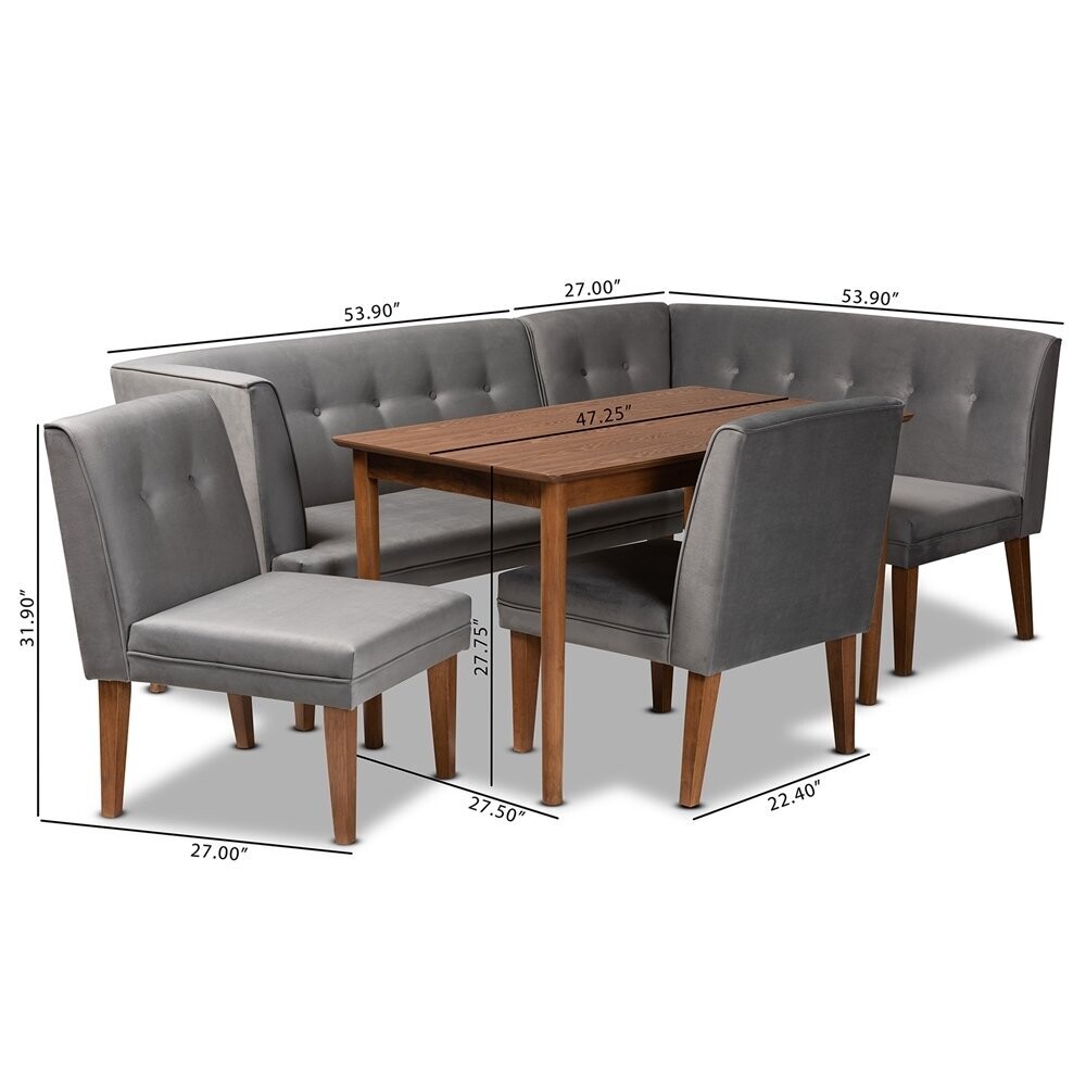 BAXTON STUDIO STEWART MID-CENTURY MODERN GREY VELVET UPHOLSTERED AND WALNUT BROWN FINISHED WOOD 5-PIECE DINING SET