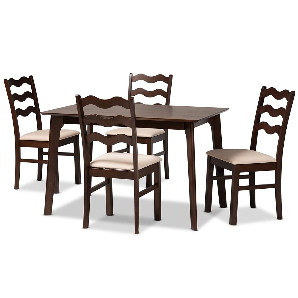 BAXTON STUDIO AMARA MID-CENTURY MODERN CREAM FABRIC AND DARK BROWN FINISHED WOOD 5-PIECE DINING SET