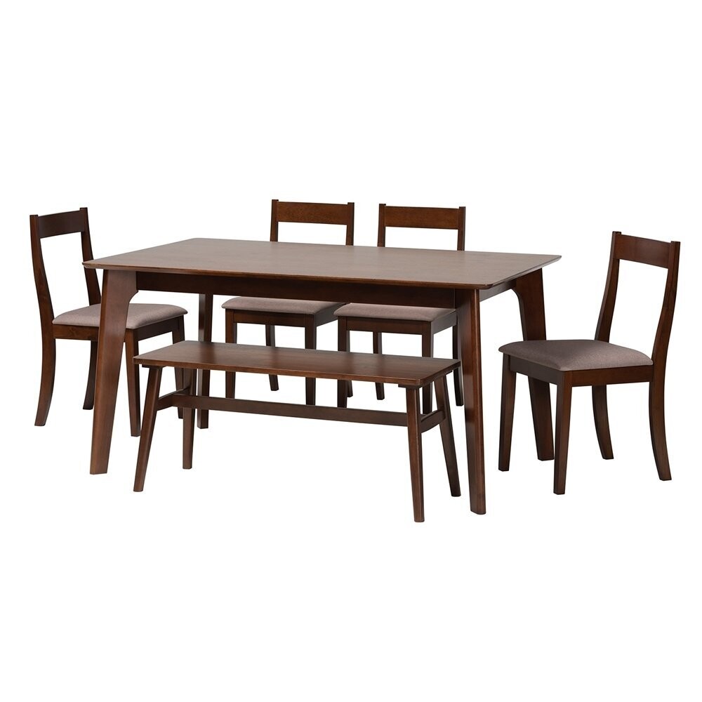 BAXTON STUDIO CAROLA MID-CENTURY MODERN WARM GREY FABRIC AND DARK BROWN FINISHED WOOD 6-PIECE DINING CHAIR SET