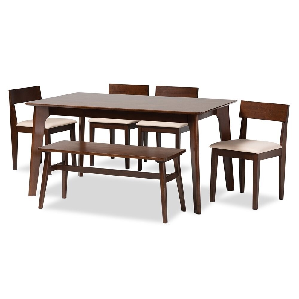 BAXTON STUDIO CAMILLA MID-CENTURY MODERN CREAM FABRIC AND DARK BROWN FINISHED WOOD 6-PIECE DINING SET