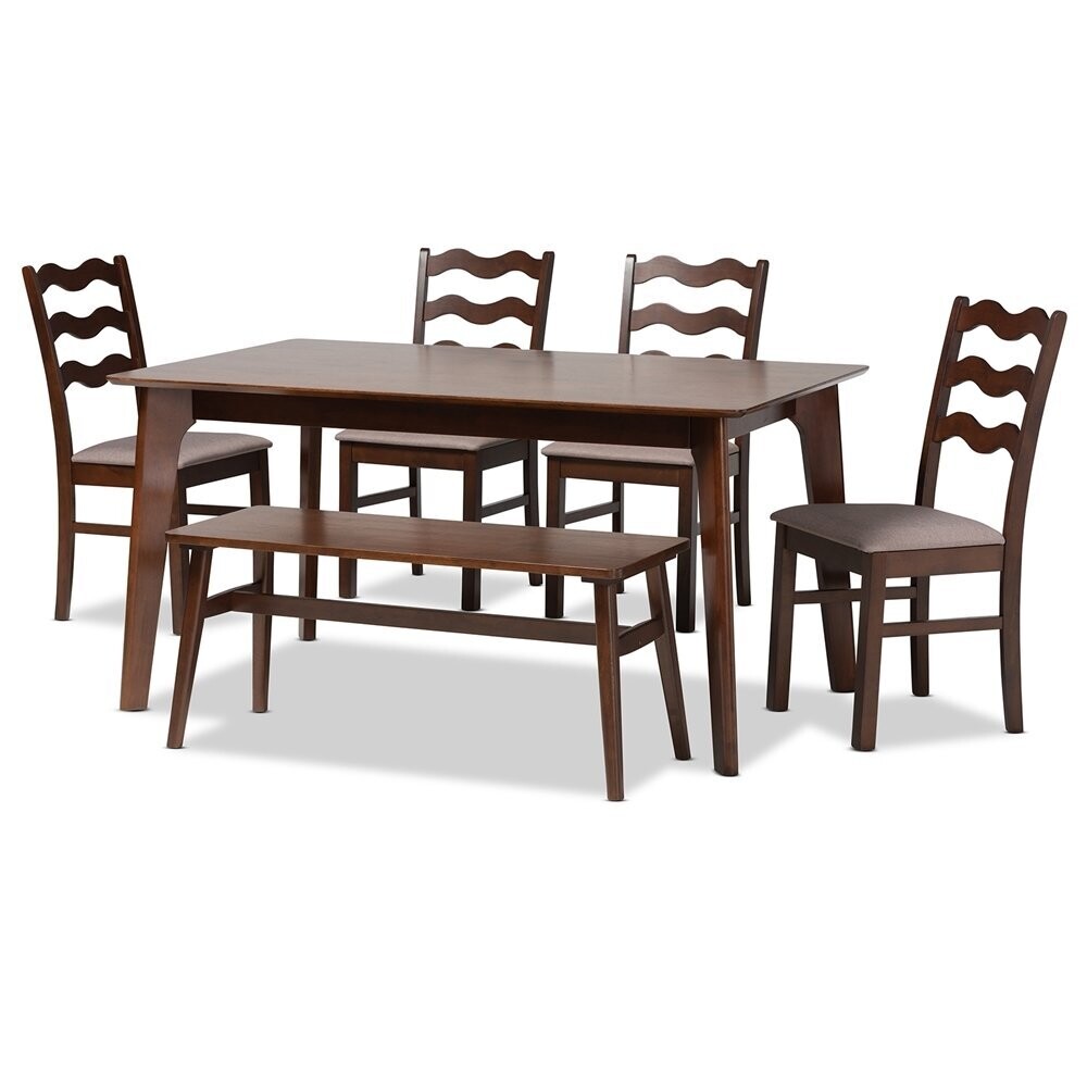 BAXTON STUDIO AMARA MID-CENTURY MODERN WARM GREY FABRIC AND DARK BROWN FINISHED WOOD 6-PIECE DINING SET