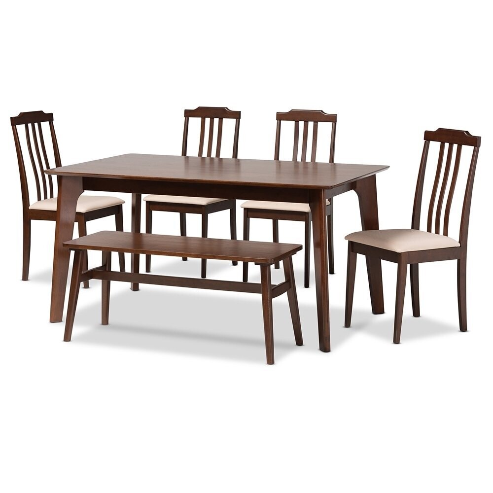 BAXTON STUDIO CLARISSA MID-CENTURY MODERN CREAM FABRIC AND DARK BROWN FINISHED WOOD 6-PIECE DINING SET