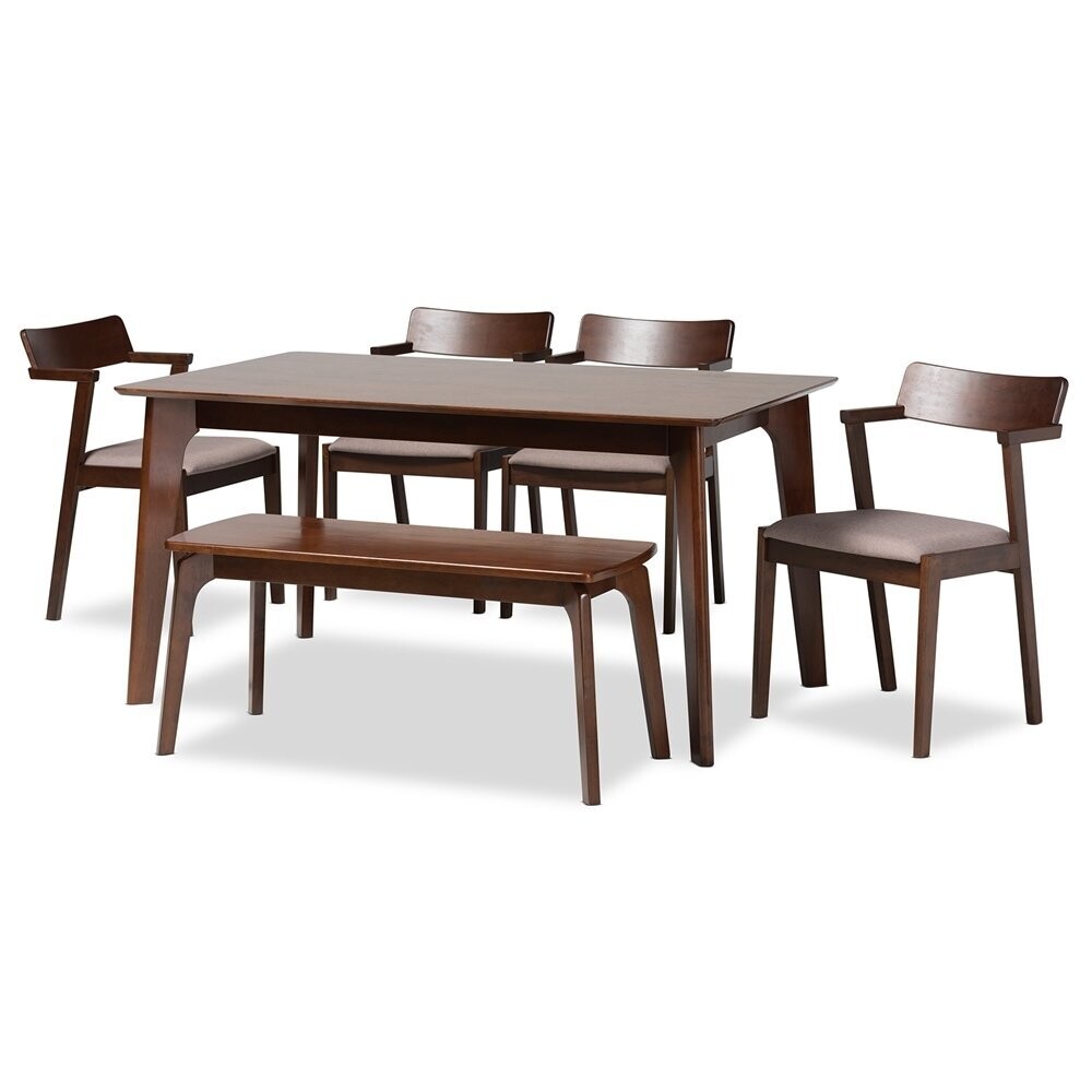 BAXTON STUDIO BERENICE MID-CENTURY MODERN TRANSITIONAL WARM GREY FABRIC AND DARK BROWN FINISHED WOOD 6-PIECE DINING SET