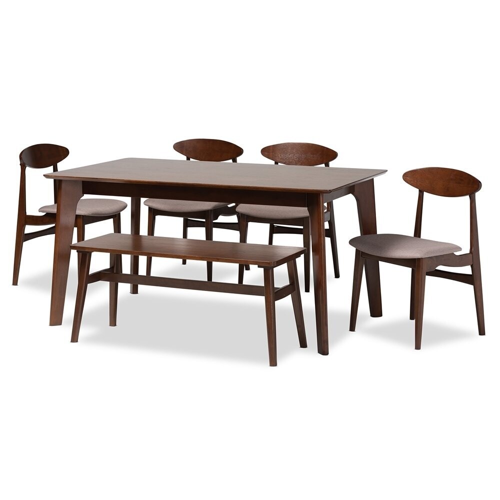 BAXTON STUDIO DARIA MID-CENTURY MODERN WARM GREY FABRIC AND DARK BROWN FINISHED WOOD 6-PIECE DINING SET