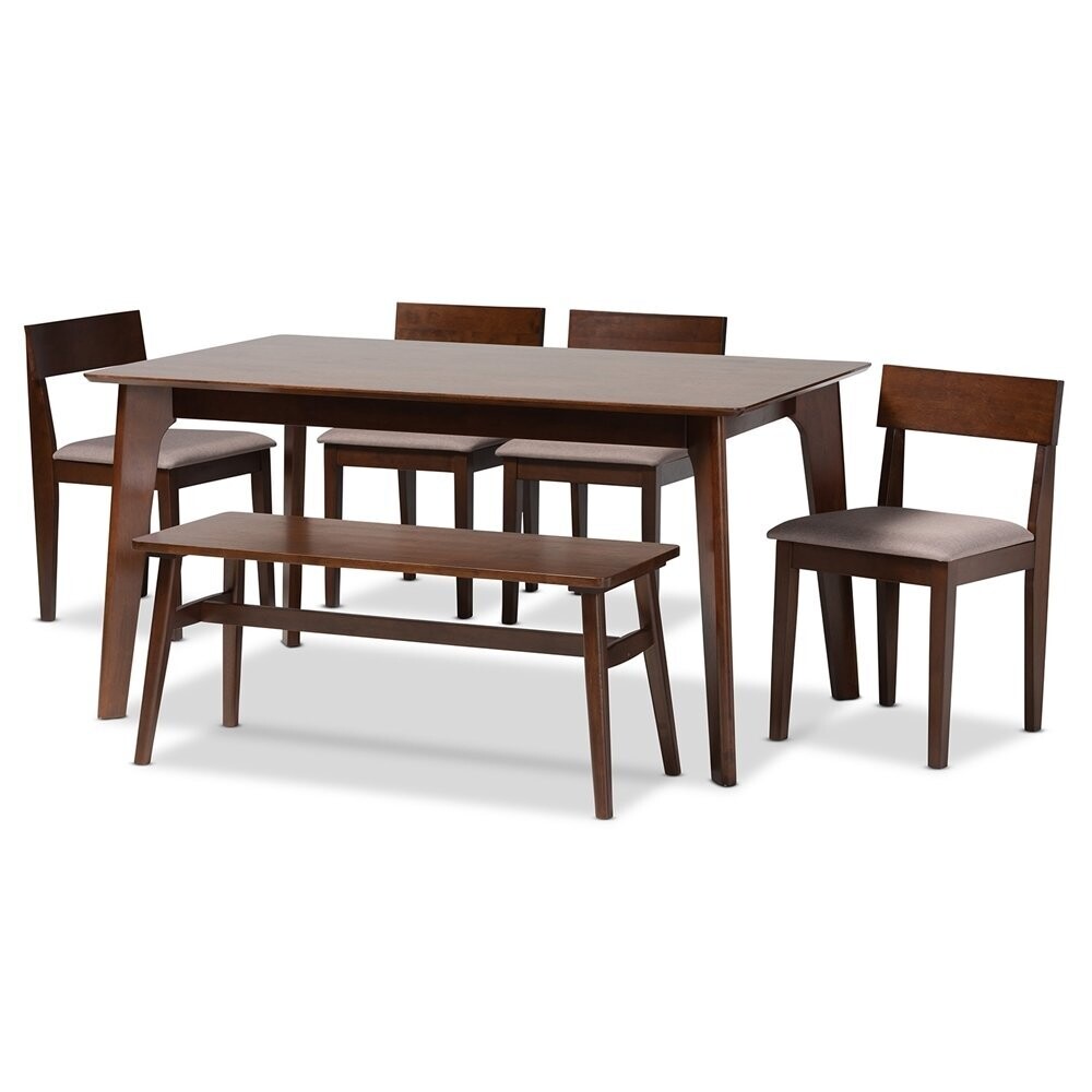 BAXTON STUDIO CAMILLA MID-CENTURY MODERN WARM GREY FABRIC AND DARK BROWN FINISHED WOOD 6-PIECE DINING SET
