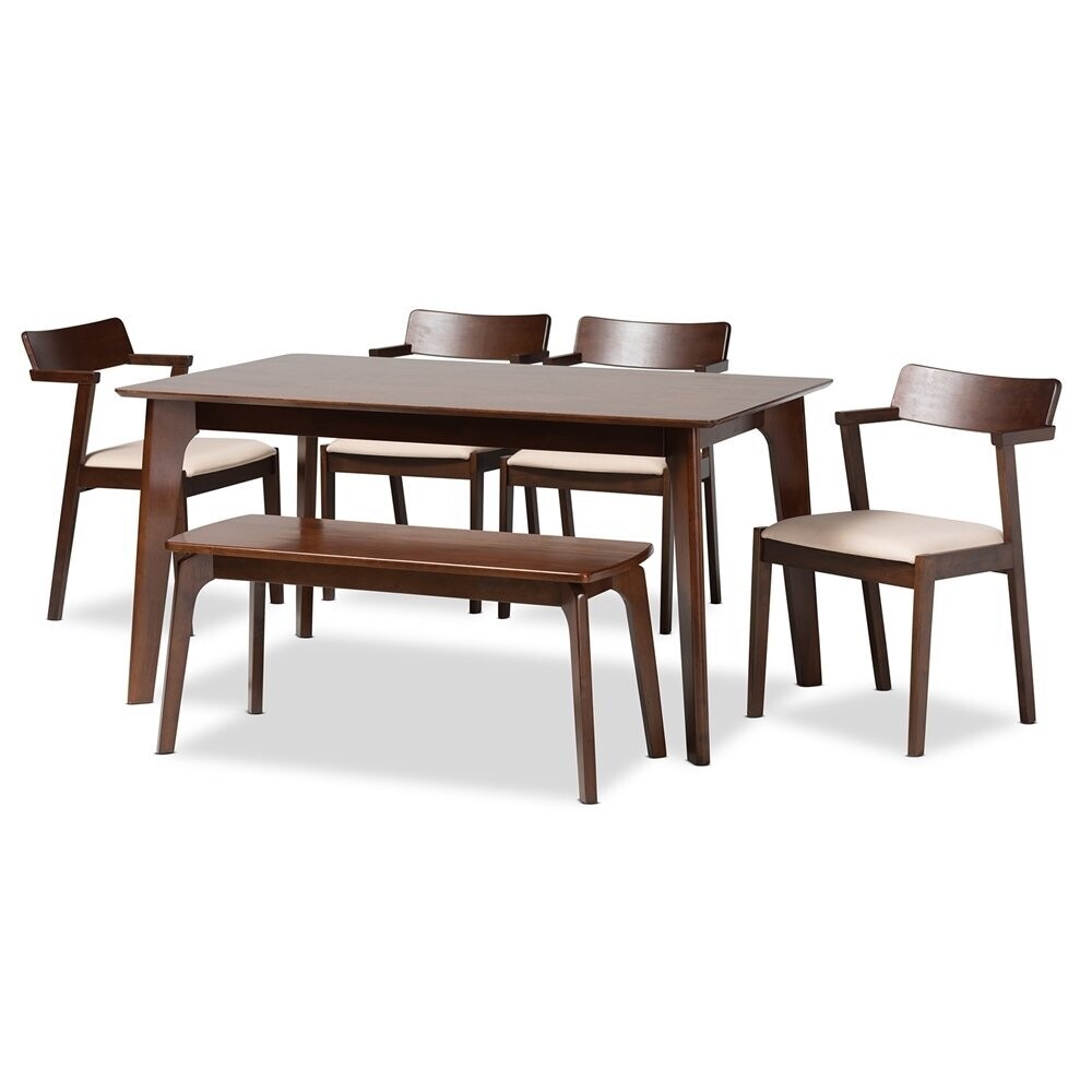 BAXTON STUDIO BERENICE MID-CENTURY MODERN TRANSITIONAL CREAM FABRIC AND DARK BROWN FINISHED WOOD 6-PIECE DINING SET