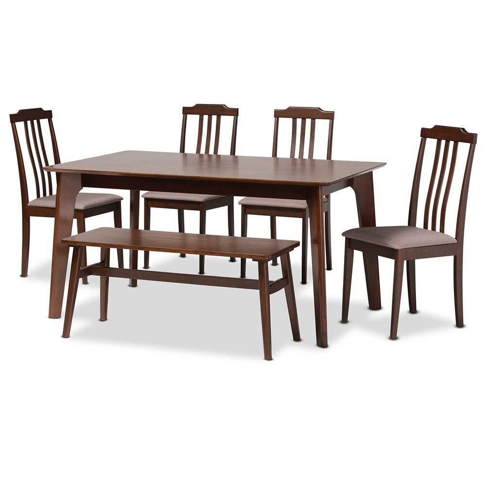 BAXTON STUDIO CLARISSA MID-CENTURY MODERN WARM GREY FABRIC AND DARK BROWN FINISHED WOOD 6-PIECE DINING SET