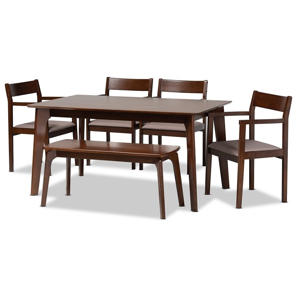 BAXTON STUDIO HELENE MID-CENTURY MODERN WARM GREY FABRIC AND DARK BROWN FINISHED WOOD 6-PIECE DINING SET