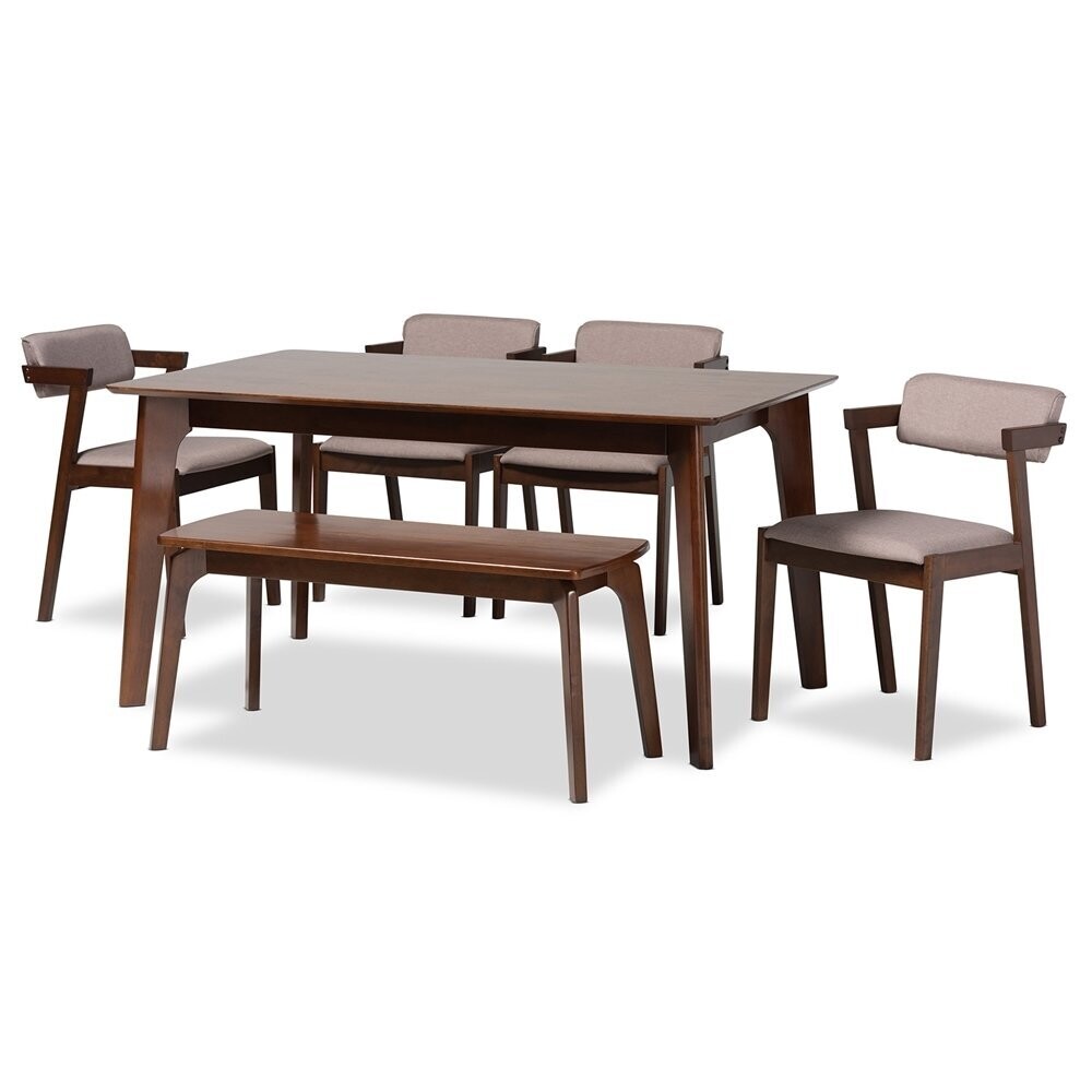 BAXTON STUDIO ALTHEA MID-CENTURY MODERN TRANSITIONAL WARM GREY FABRIC AND DARK BROWN FINISHED WOOD 6-PIECE DINING SET