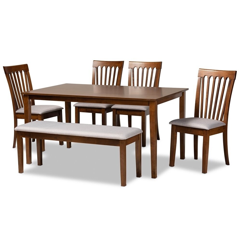 BAXTON STUDIO MINETTE MODERN AND CONTEMPORARY GREY FABRIC UPHOLSTERED AND WALNUT BROWN FINISHED WOOD 6-PIECE DINING SET