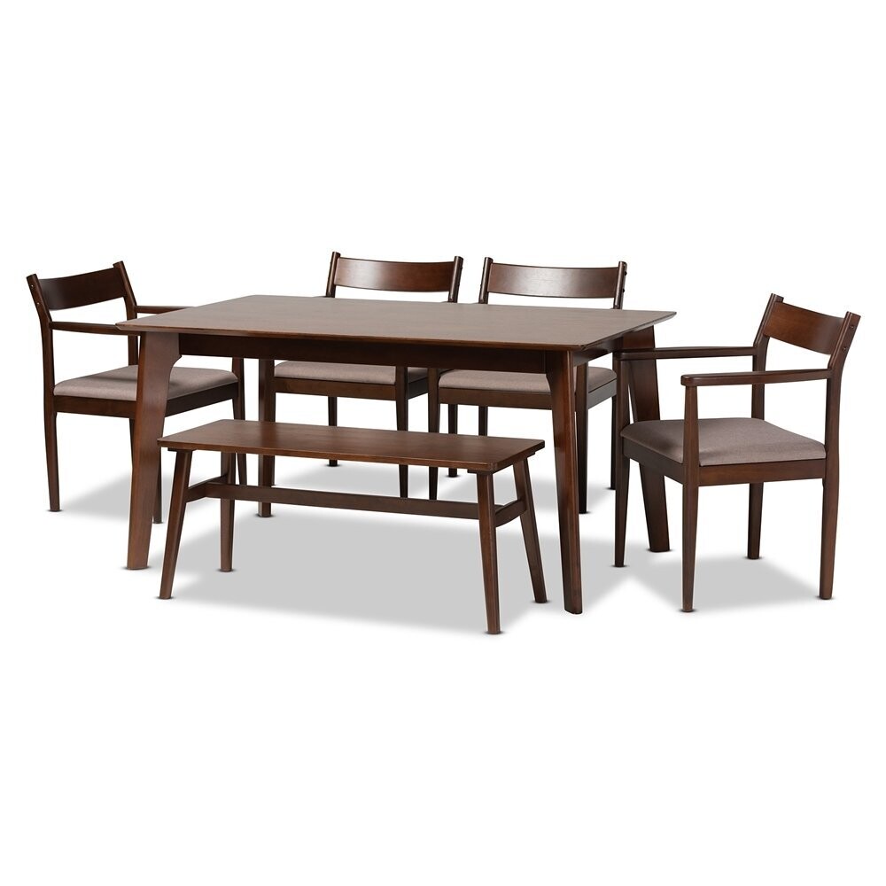 BAXTON STUDIO CORETTA MID-CENTURY MODERN WARM GREY FABRIC AND DARK BROWN FINISHED WOOD 6-PIECE DINING SET