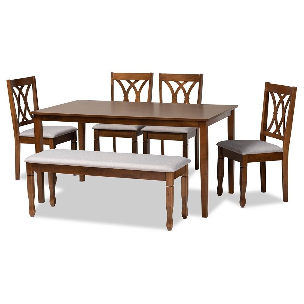 BAXTON STUDIO RENEAU MODERN AND CONTEMPORARY GREY FABRIC UPHOLSTERED AND WALNUT BROWN FINISHED WOOD 6-PIECE DINING SET