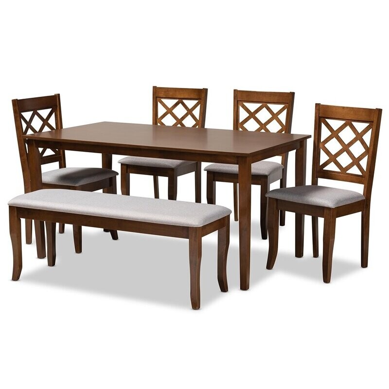 BAXTON STUDIO ANDOR MODERN AND CONTEMPORARY GREY FABRIC UPHOLSTERED AND WALNUT BROWN FINISHED WOOD 6-PIECE DINING SET