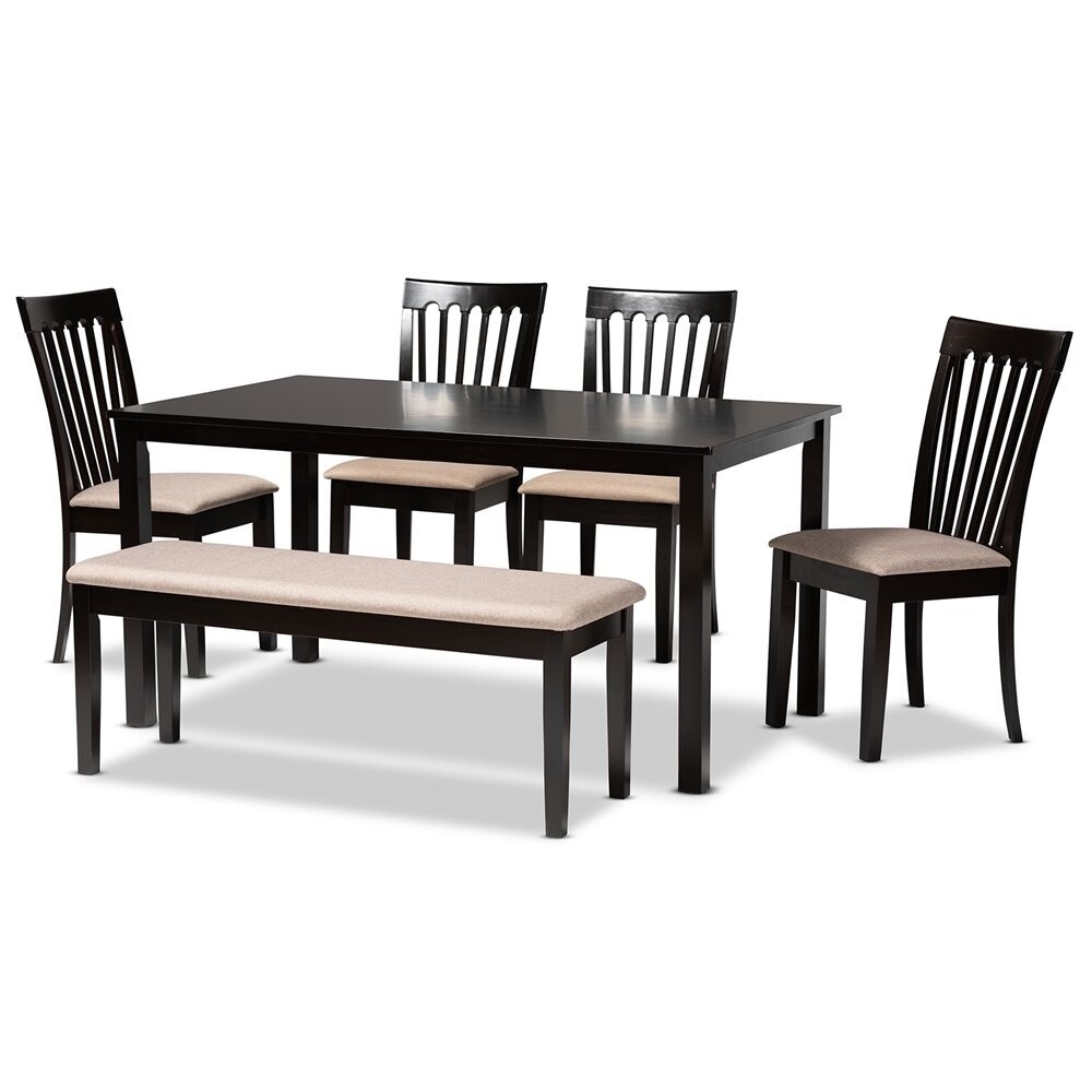 BAXTON STUDIO MINETTE MODERN AND CONTEMPORARY SAND FABRIC UPHOLSTERED AND DARK BROWN FINISHED WOOD 6-PIECE DINING SET
