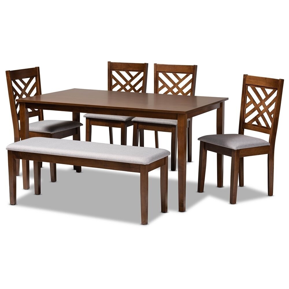 BAXTON STUDIO GUSTAVO MODERN AND CONTEMPORARY GREY FABRIC UPHOLSTERED AND WALNUT BROWN FINISHED WOOD 6-PIECE DINING SET