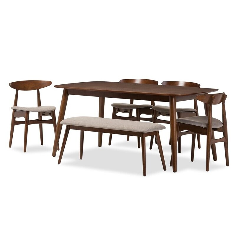 BAXTON STUDIO FLORA MID-CENTURY MODERN LIGHT GREY FABRIC AND BAXTON STUDIO FLORA MID-CENTURY MODERN LIGHT GREY FABRIC AND "OAK" MEDIUM BROWN FINISHING WOOD 6-PIECE DINING SET
Item #: Flora-Medium Oak 6PC Dining Set