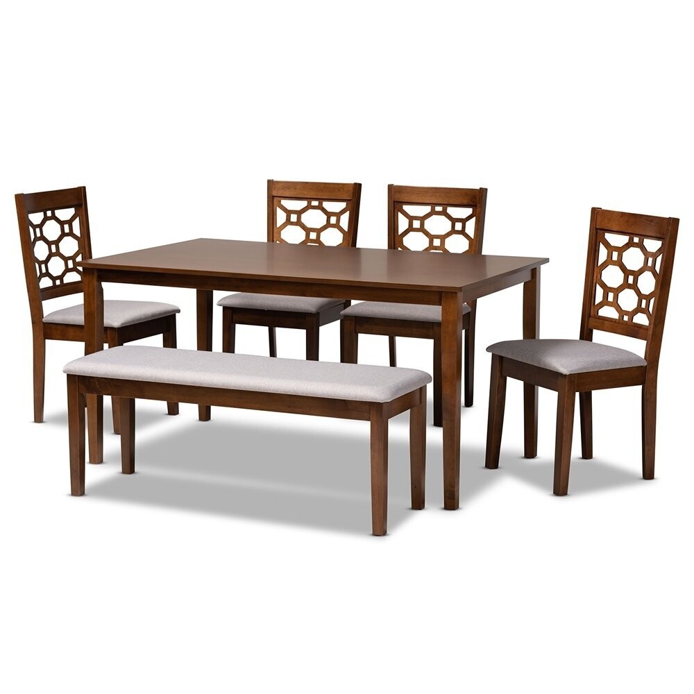 BAXTON STUDIO GABRIEL MODERN AND CONTEMPORARY GREY FABRIC UPHOLSTERED AND WALNUT BROWN FINISHED WOOD 6-PIECE DINING SET