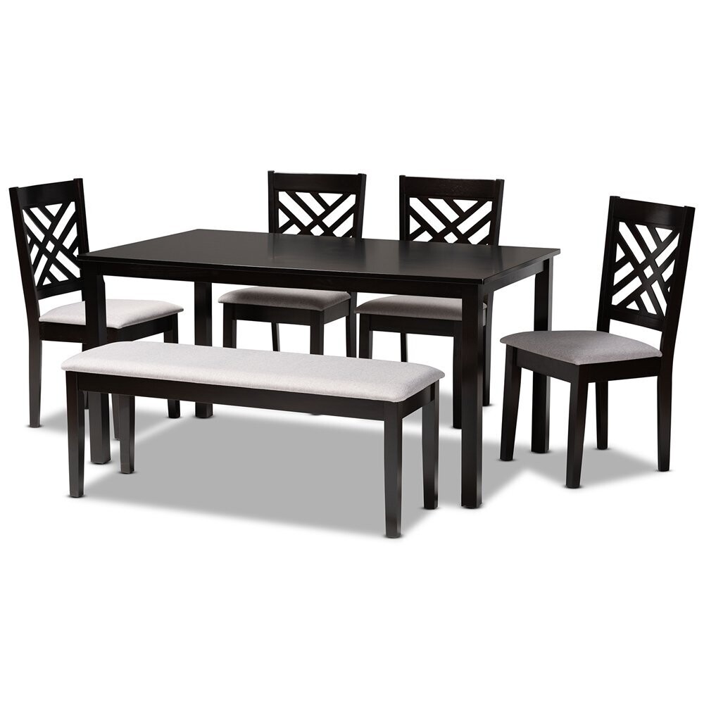 BAXTON STUDIO GUSTAVO MODERN AND CONTEMPORARY GREY FABRIC UPHOLSTERED AND DARK BROWN FINISHED WOOD 6-PIECE DINING SET