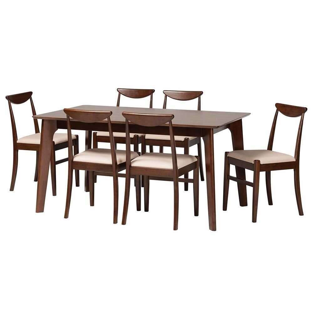 BAXTON STUDIO DELPHINA MID-CENTURY MODERN CREAM FABRIC AND DARK BROWN FINISHED WOOD 7-PIECE DINING SET