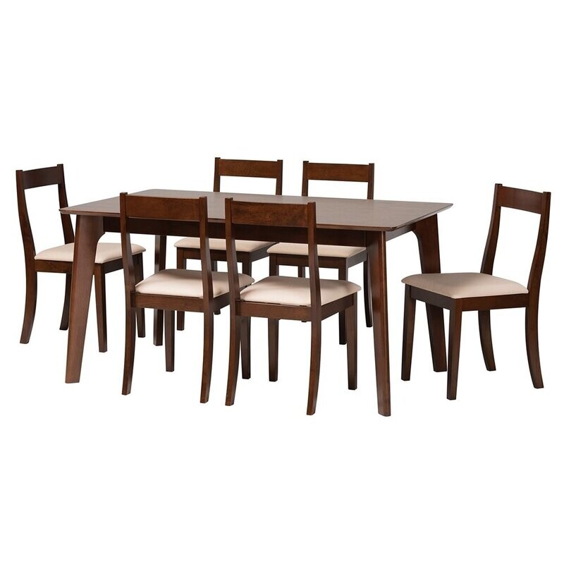 BAXTON STUDIO CAROLA MID-CENTURY MODERN CREAM FABRIC AND DARK BROWN FINISHED WOOD 7-PIECE DINING SET