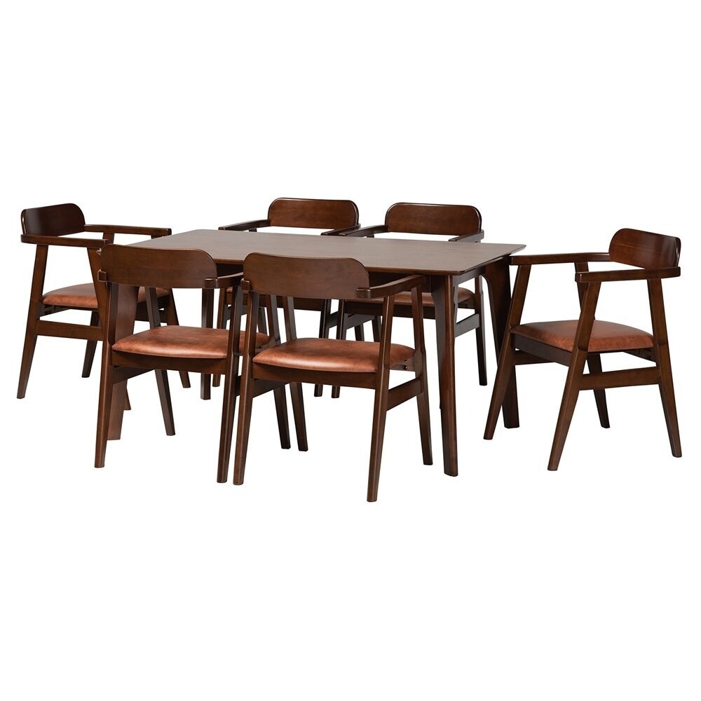 BAXTON STUDIO CLEO MID-CENTURY MODERN LIGHT BROWN FABRIC AND DARK BROWN FINISHED WOOD 7-PIECE DINING SET