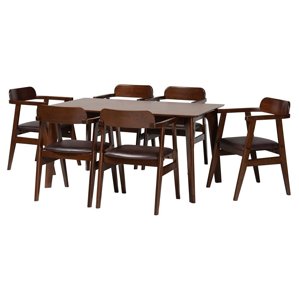 BAXTON STUDIO CLEO MID-CENTURY MODERN ESPRESSO FABRIC AND DARK BROWN FINISHED WOOD 7-PIECE DINING SET