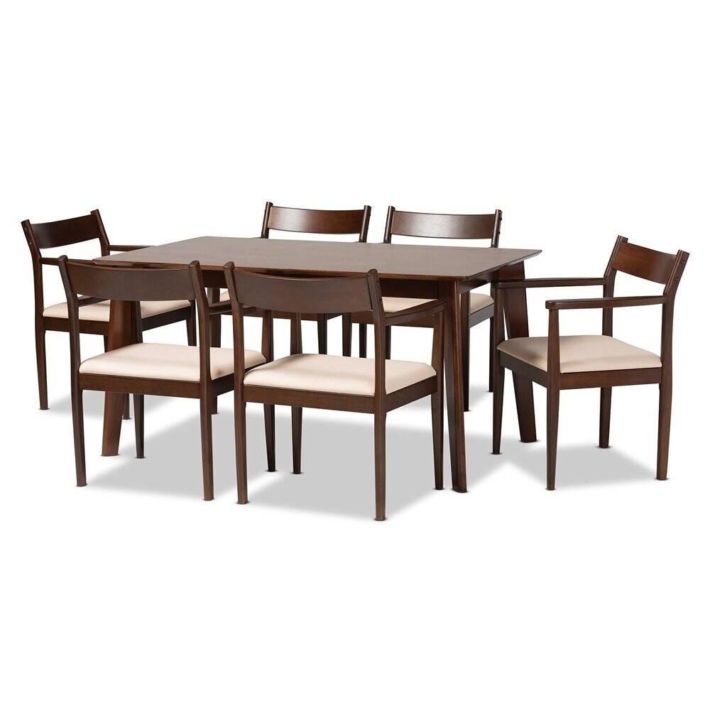 BAXTON STUDIO CORETTA MID-CENTURY MODERN CREAM FABRIC AND DARK BROWN FINISHED WOOD 7-PIECE DINING SET
