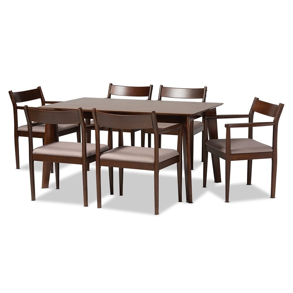 BAXTON STUDIO CORETTA MID-CENTURY MODERN WARM GREY FABRIC AND DARK BROWN FINISHED WOOD 7-PIECE DINING SET