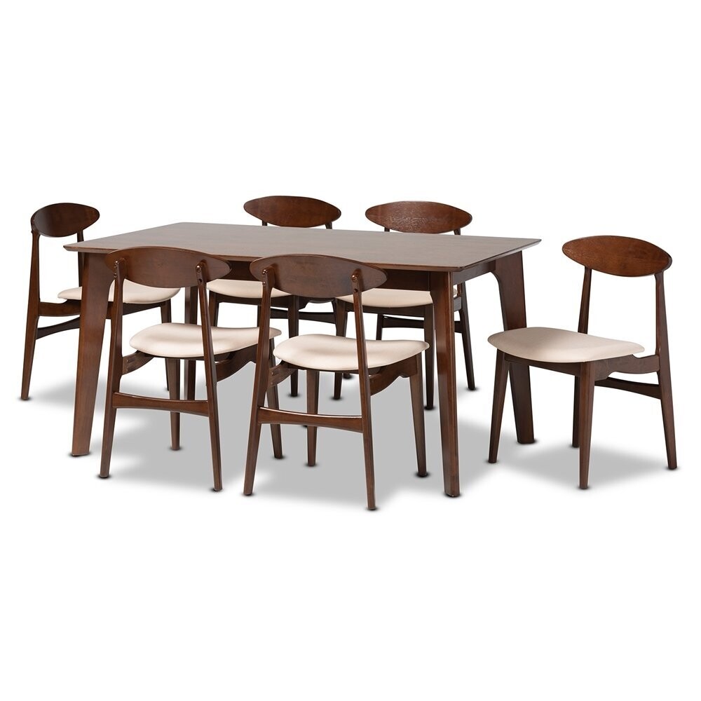 BAXTON STUDIO DARIA MID-CENTURY MODERN CREAM FABRIC AND DARK BROWN FINISHED WOOD 7-PIECE DINING SET