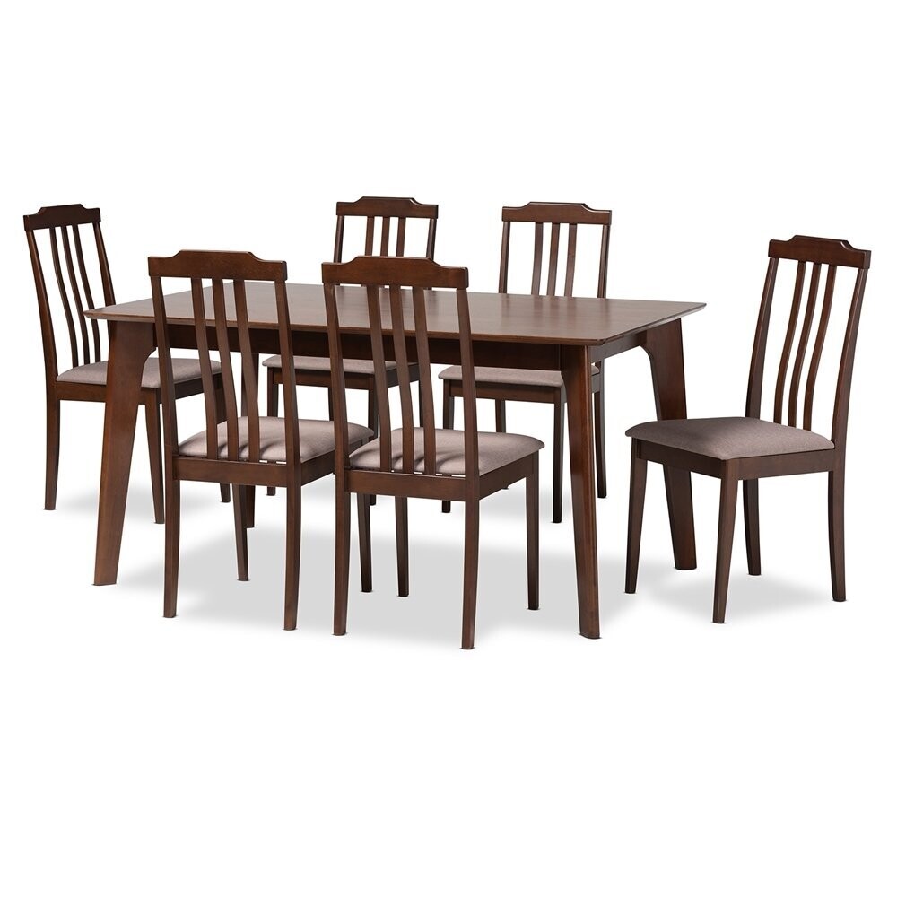 BAXTON STUDIO CLARISSA MID-CENTURY MODERN WARM GREY FABRIC AND DARK BROWN FINISHED WOOD 7-PIECE DINING SET