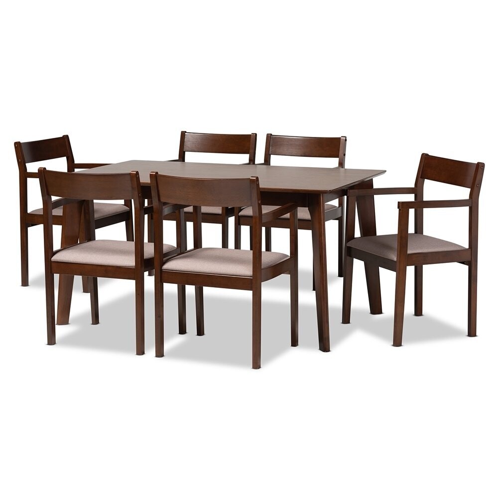BAXTON STUDIO HELENE MID-CENTURY MODERN WARM GREY FABRIC AND DARK BROWN FINISHED WOOD 7-PIECE DINING SET