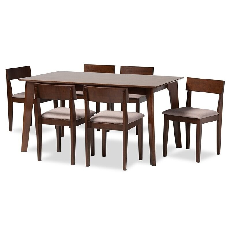 BAXTON STUDIO CAMILLA MID-CENTURY MODERN WARM GREY FABRIC AND DARK BROWN FINISHED WOOD 7-PIECE DINING SET