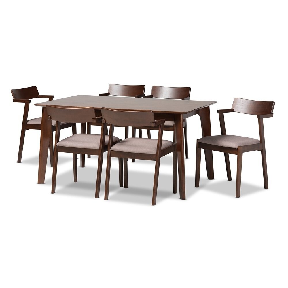 BAXTON STUDIO BERENICE MID-CENTURY MODERN TRANSITIONAL WARM GREY FABRIC AND DARK BROWN FINISHED WOOD 7-PIECE DINING SET