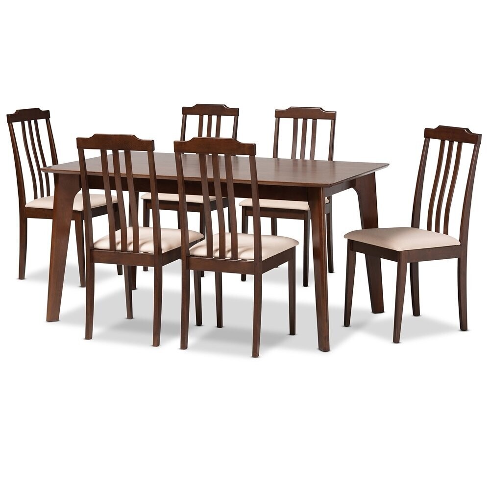 BAXTON STUDIO CLARISSA MID-CENTURY MODERN CREAM FABRIC AND DARK BROWN FINISHED WOOD 7-PIECE DINING SET