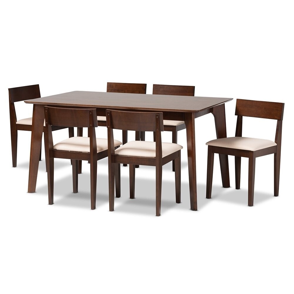 BAXTON STUDIO CAMILLA MID-CENTURY MODERN CREAM FABRIC AND DARK BROWN FINISHED WOOD 7-PIECE DINING SET