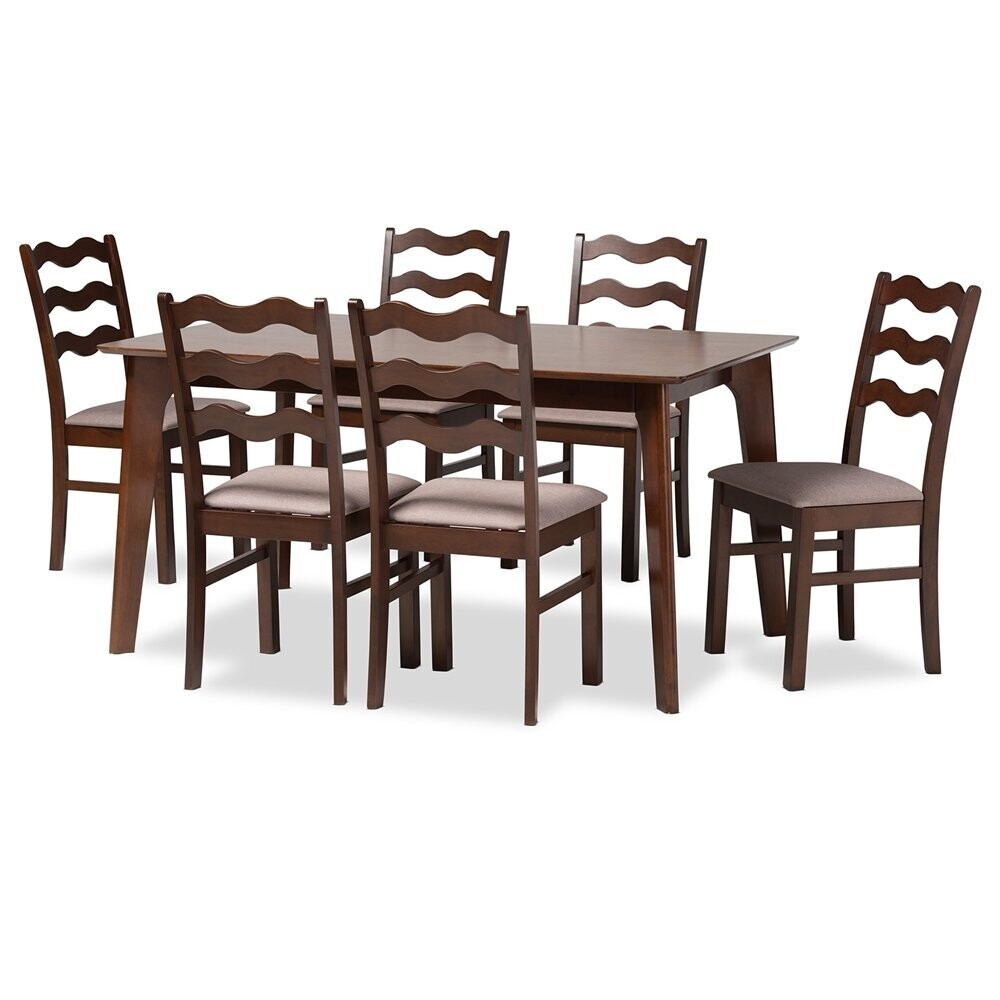 BAXTON STUDIO AMARA MID-CENTURY MODERN WARM GREY FABRIC AND DARK BROWN FINISHED WOOD 7-PIECE DINING SET