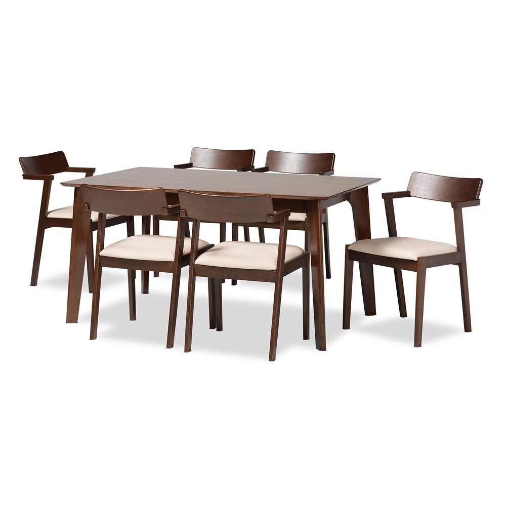 BAXTON STUDIO BERENICE MID-CENTURY MODERN TRANSITIONAL CREAM FABRIC AND DARK BROWN FINISHED WOOD 7-PIECE DINING SET
