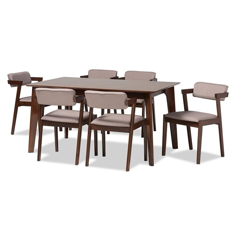 BAXTON STUDIO ALTHEA MID-CENTURY MODERN TRANSITIONAL WARM GREY FABRIC AND DARK BROWN FINISHED WOOD 7-PIECE DINING SET