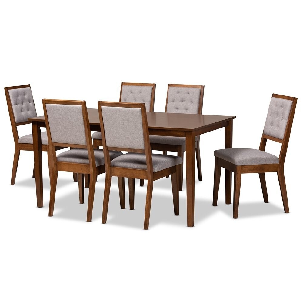 BAXTON STUDIO SUVI MODERN AND CONTEMPORARY GREY FABRIC UPHOLSTERED AND WALNUT BROWN FINISHED WOOD 7-PIECE DINING SET