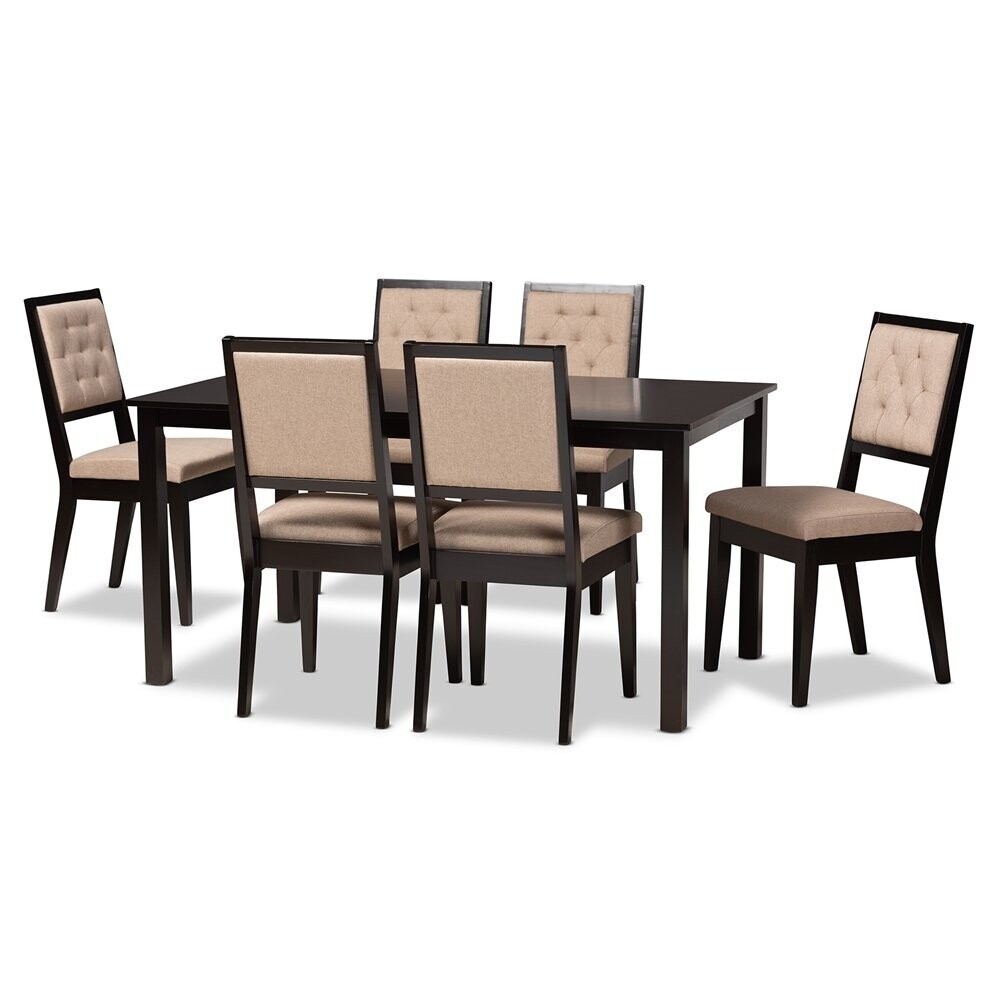 BAXTON STUDIO SUVI MODERN AND CONTEMPORARY SAND FABRIC UPHOLSTERED AND DARK BROWN FINISHED WOOD 7-PIECE DINING SET
