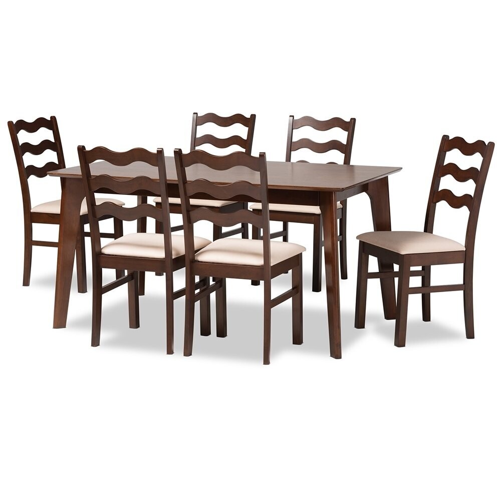 BAXTON STUDIO AMARA MID-CENTURY MODERN CREAM FABRIC AND DARK BROWN FINISHED WOOD 7-PIECE DINING SET