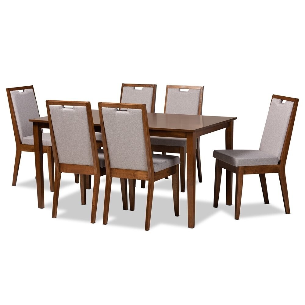 BAXTON STUDIO ROSA MODERN AND CONTEMPORARY GREY FABRIC UPHOLSTERED AND WALNUT BROWN FINISHED WOOD 7-PIECE DINING SET
