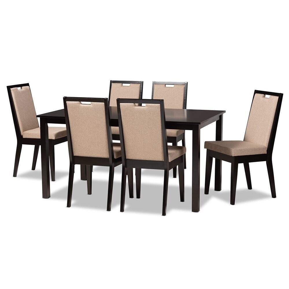 BAXTON STUDIO ROSA MODERN AND CONTEMPORARY SAND FABRIC UPHOLSTERED AND DARK BROWN FINISHED WOOD 7-PIECE DINING SET