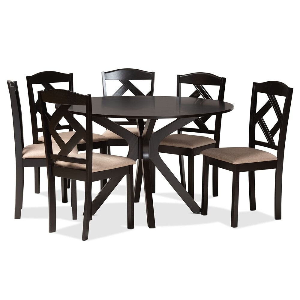 BAXTON STUDIO CARLIN SAND FABRIC UPHOLSTERED AND DARK BROWN FINISHED WOOD 7-PIECE DINING SET