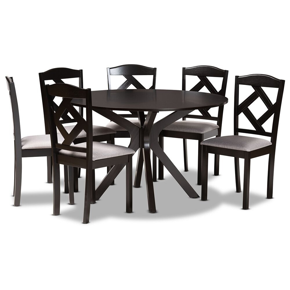BAXTON STUDIO CARLIN MODERN TRANSITIONAL GREY FABRIC UPHOLSTERED AND DARK BROWN FINISHED WOOD 7-PIECE DINING SET