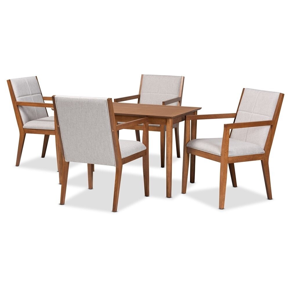 BAXTON STUDIO THERESA MID-CENTURY MODERN GREYISH BEIGE FABRIC UPHOLSTERED AND WALNUT BROWN FINISHED WOOD 5-PIECE DINING SET
