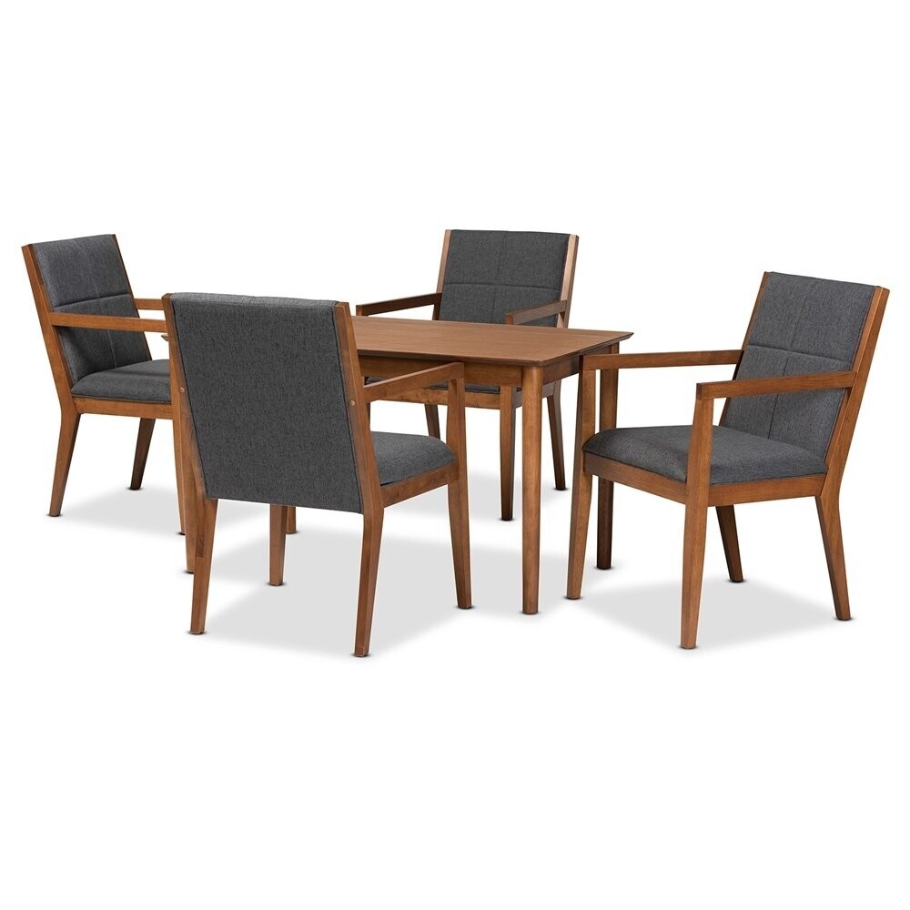 BAXTON STUDIO THERESA MID-CENTURY MODERN DARK GREY FABRIC UPHOLSTERED AND WALNUT BROWN FINISHED WOOD 5-PIECE DINING SET